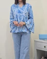 شومیز زنانه آستین شیپوری آبی سلنا