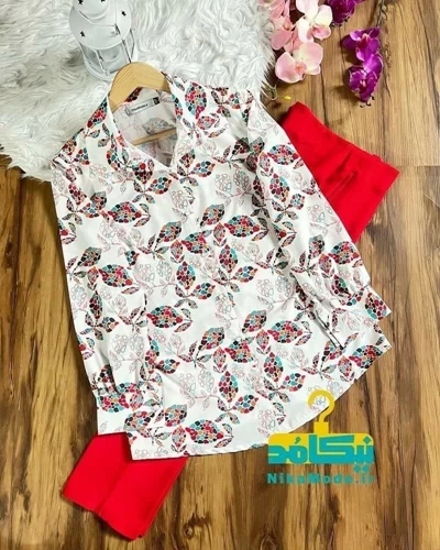 شومیز جلو دکمه طرح برگ الماس رنگی سایز-4-تخفیفی
