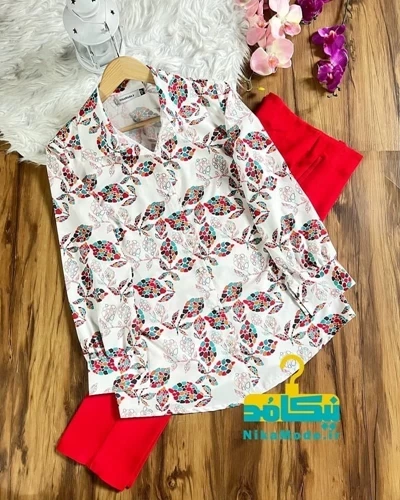شومیز جلو دکمه طرح برگ الماس رنگی