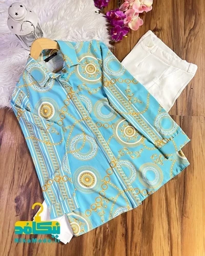 شومیز جلو دکمه ورساچه فیروزه ای روشن