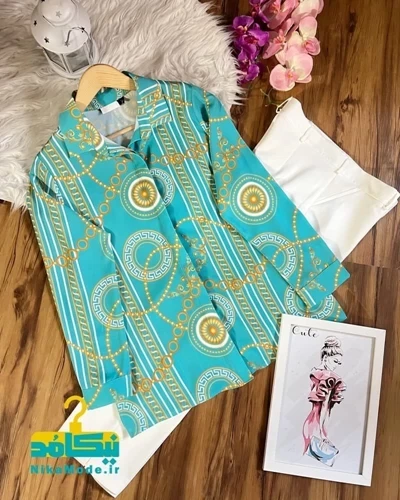 شومیز جلو دکمه ورساچه فیروزه ای