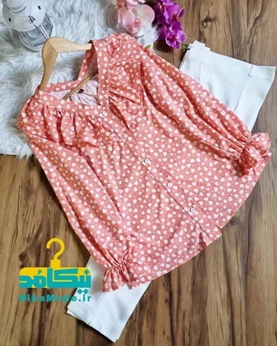 شومیز یقه خورشیدی قلبی خال خالی هلویی رنگ سال