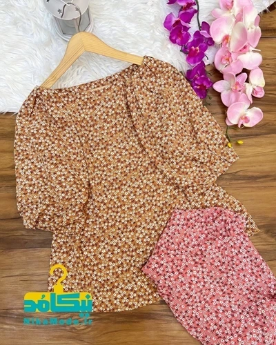 شومیز یقه قایقی گل ریز نسکافه ای