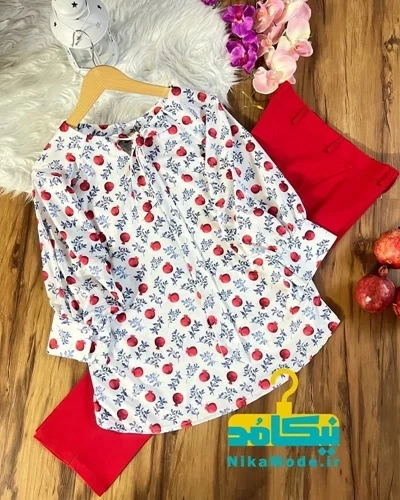 شومیز یقه پاپیونی انار ریز برگ آبی زمینه سفید